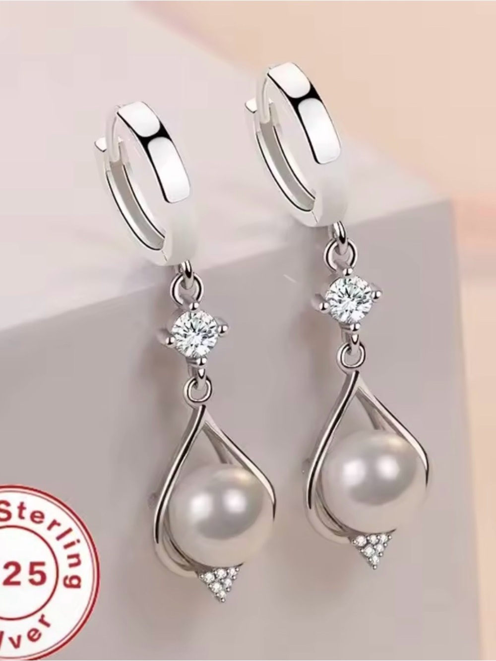 Sterling Silver Pearl Drop Earrings with Cubic Zirconia